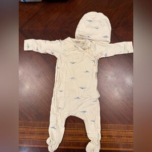 Mini Boden Cream Hooded One-Piece with Blue Whale Print